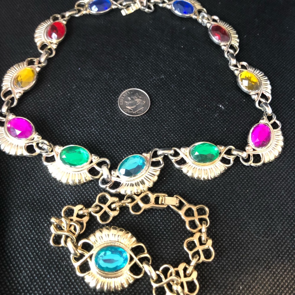 Vintage Art Deco necklace and bracelet. Colorful gems in gold tone.